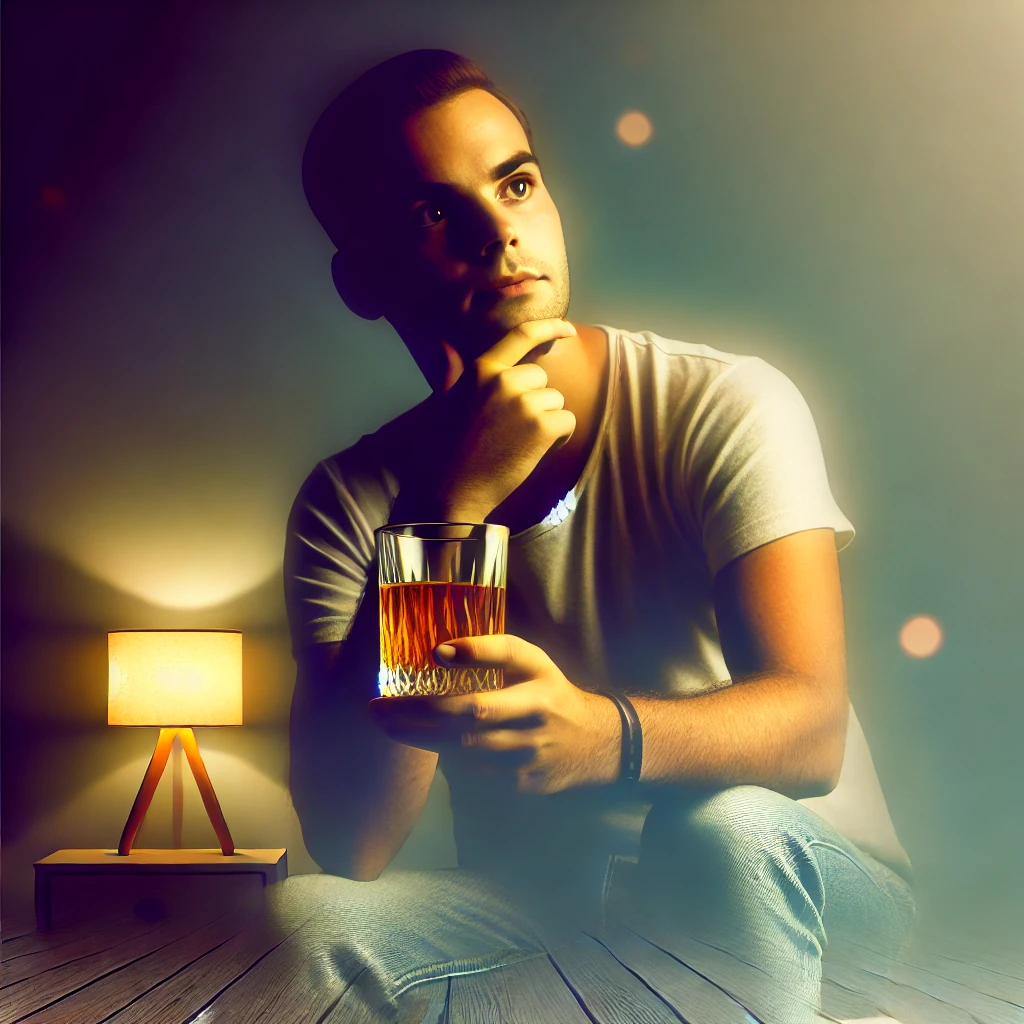 Does Alcohol Cause Premature Ejaculation And Erectile Dysfunction? 1 DALL·E 2024 09 01 08.26.45 A unique and high quality graphic image of a contemplative man holding a drink in his hand symbolizing the connection between alcohol and sexual heal