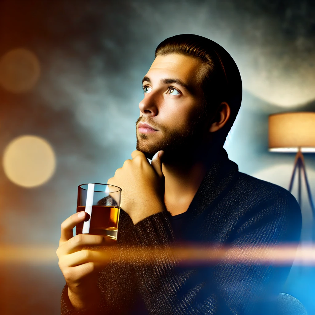Does Alcohol Cause Premature Ejaculation And Erectile Dysfunction? 4 DALL·E 2024 09 01 08.26.41 A unique and high quality graphic image of a contemplative man holding a drink in his hand symbolizing the connection between alcohol and sexual heal